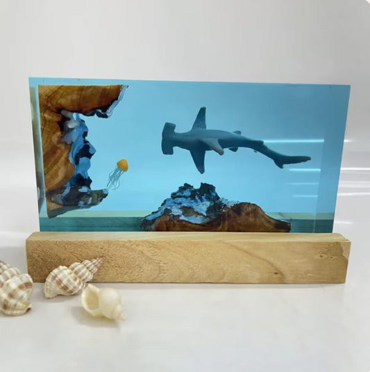 Hammer Head Shark and Jellyfish Resin Lamp